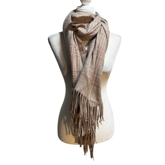 100% Cashmere Pashmina Plaid Wrap Oversized Scarf Taupe & Blush Check 72" x 29" - Picture 4 of 5